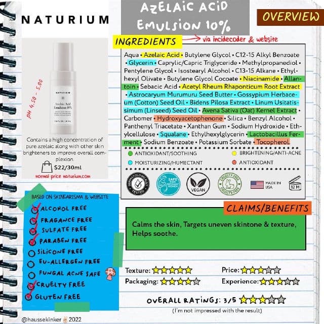 Naturium Azelaic Acid Emulsion 10% review photo by Haussekinker