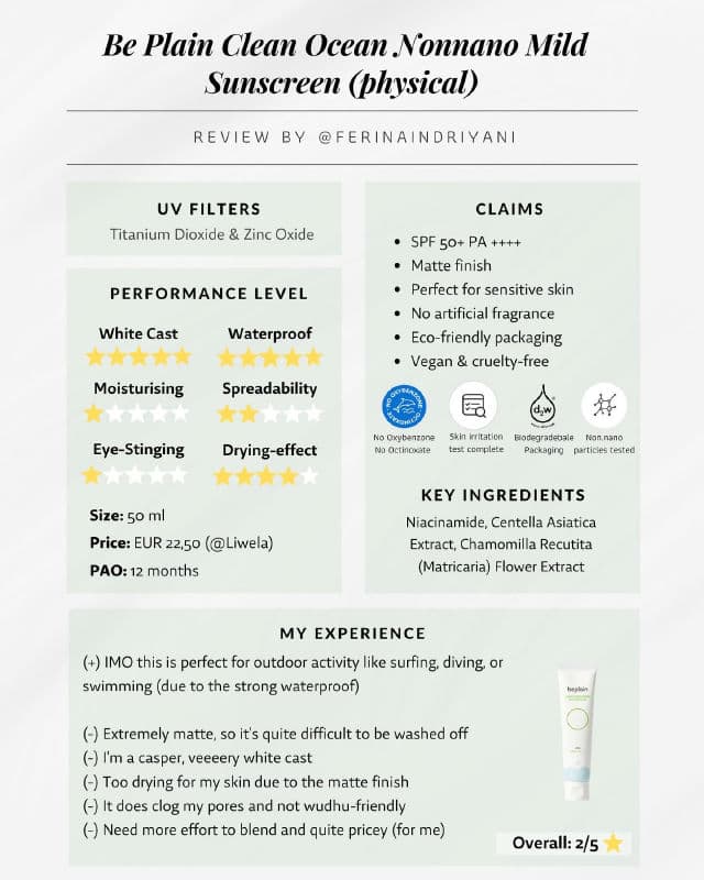 Beplain Clean Ocean Non-Nano Mild Sunscreen SPF50+ PA++++ review photo by Ferina