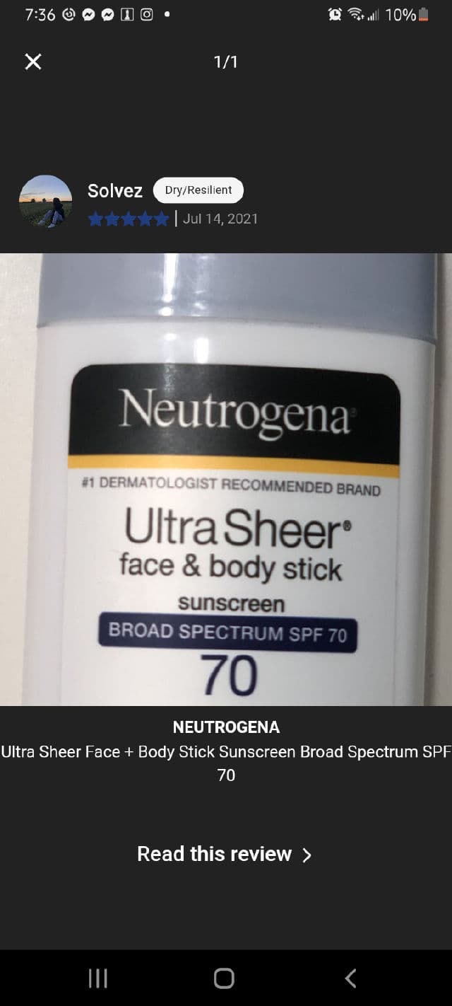 Neutrogena Ultra Sheer Face + Body Stick Sunscreen Broad Spectrum SPF 70 review photo by manda